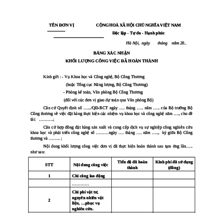 MẪU BẢNG XÁC NHẬN KHỐI LƯỢNG CÔNG VIỆC TRONG THỰC HIỆN NHIỆM VỤ KHOA HỌC CÔNG NGHỆ CẤP BỘ CÔNG THƯƠNG