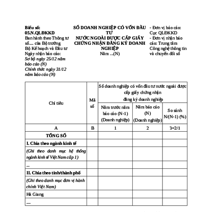 MẪU BÁO CÁO SỐ DOANH NGHIỆP CÓ VỐN ĐẦU TƯ NƯỚC NGOÀI ĐƯỢC CẤP GIẤY CHỨNG NHẬN ĐĂNG KÝ DOANH NGHIỆP