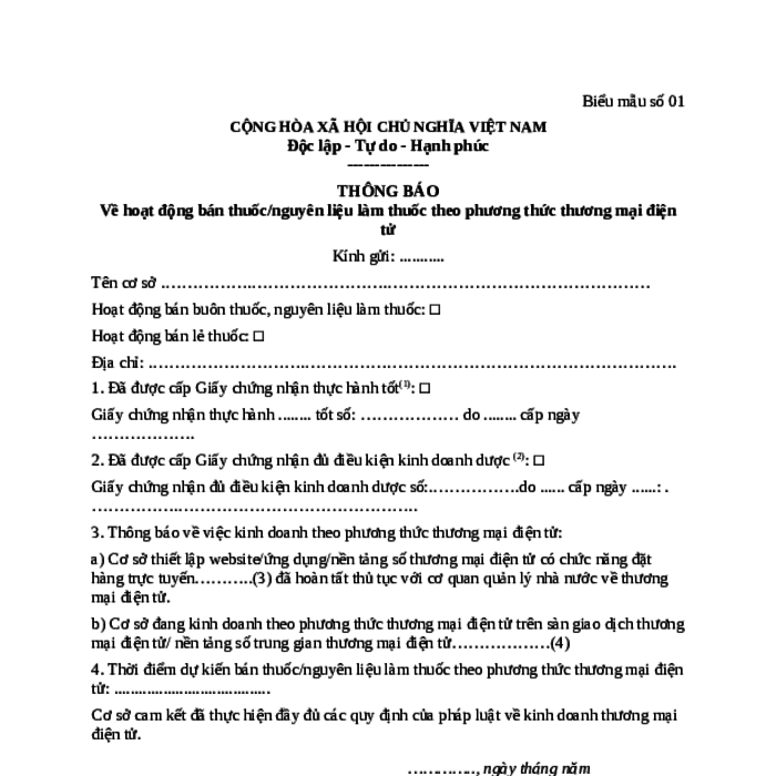 MẪU THÔNG BÁO VỀ HOẠT ĐỘNG BÁN THUỐC/NGUYÊN LIỆU LÀM THUỐC THEO PHƯƠNG THỨC THƯƠNG MẠI ĐIỆN TỬ