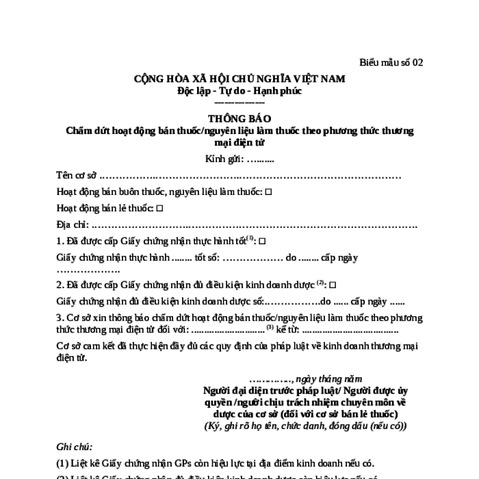 MẪU THÔNG BÁO CHẤM DỨT HOẠT ĐỘNG BÁN THUỐC/NGUYÊN LIỆU LÀM THUỐC THEO PHƯƠNG THỨC THƯƠNG MẠI ĐIỆN TỬ