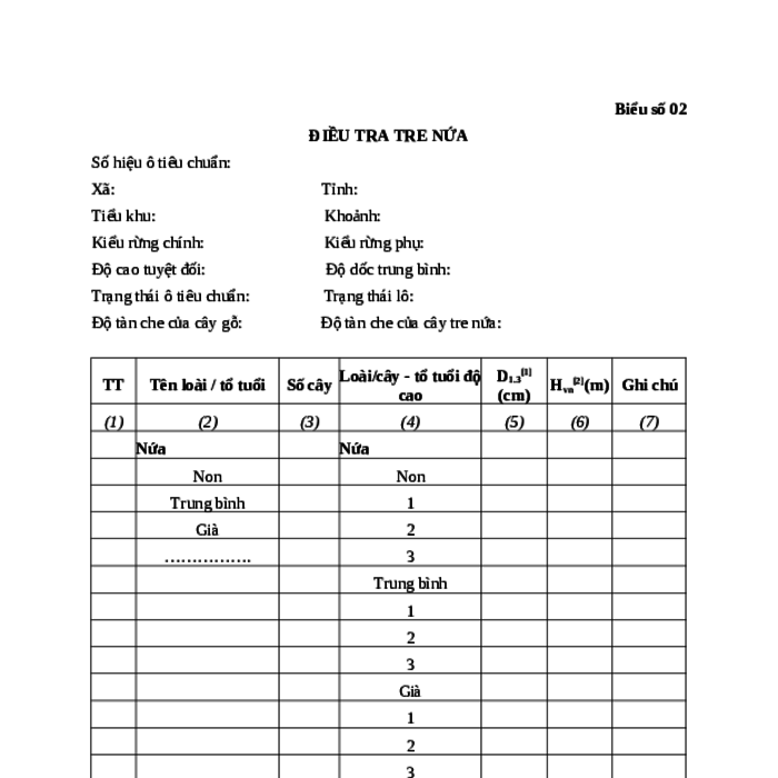 MẪU ĐIỀU TRA TRE NỨA
