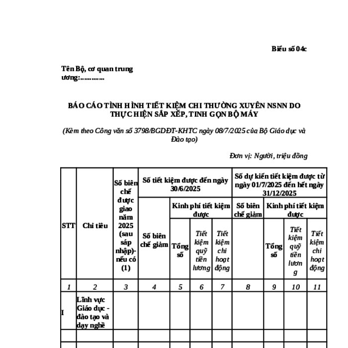 MẪU BÁO CÁO TÌNH HÌNH TIẾT KIỆM CHI THƯỜNG XUYÊN NSNN DO THỰC HIỆN SẮP XẾP, TINH GỌN BỘ MÁY LĨNH VỰC GIÁO DỤC