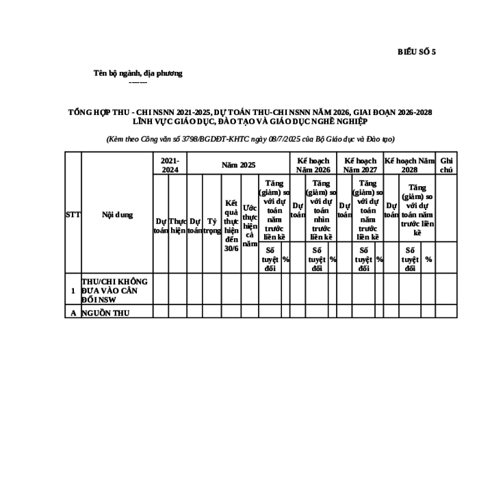 MẪU TỔNG HỢP THU - CHI NSNN 2021-2025, DỰ TOÁN THU-CHI NSNN NĂM 2026, GIAI ĐOẠN 2026-2028 LĨNH VỰC GIÁO DỤC, ĐÀO TẠO VÀ GIÁO DỤC NGHỀ NGHIỆP