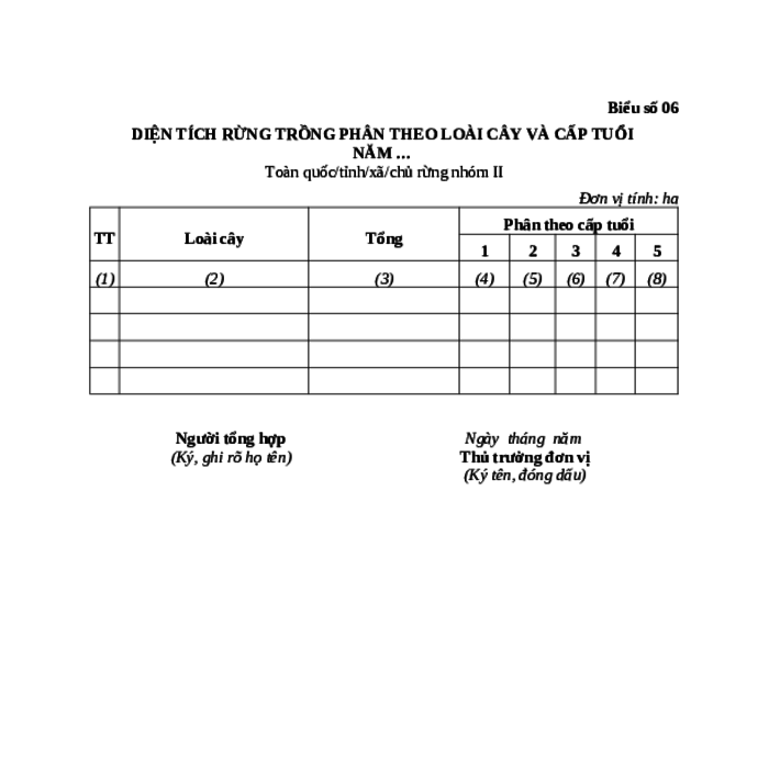 MẪU TỔNG HỢP DIỆN TÍCH RỪNG TRỒNG PHÂN THEO LOÀI CÂY VÀ CẤP TUỔI