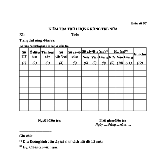 MẪU KIỂM TRA TRỮ LƯỢNG RỪNG TRE NỨA