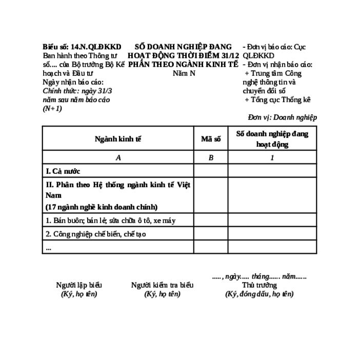 MẪU BÁO CÁO SỐ DOANH NGHIỆP ĐANG HOẠT ĐỘNG THỜI ĐIỂM 31/12 PHÂN THEO NGÀNH KINH TẾ