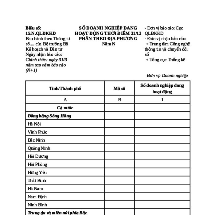 MẪU BÁO CÁO SỐ DOANH NGHIỆP ĐANG HOẠT ĐỘNG THỜI ĐIỂM 31/12 PHÂN THEO ĐỊA PHƯƠNG