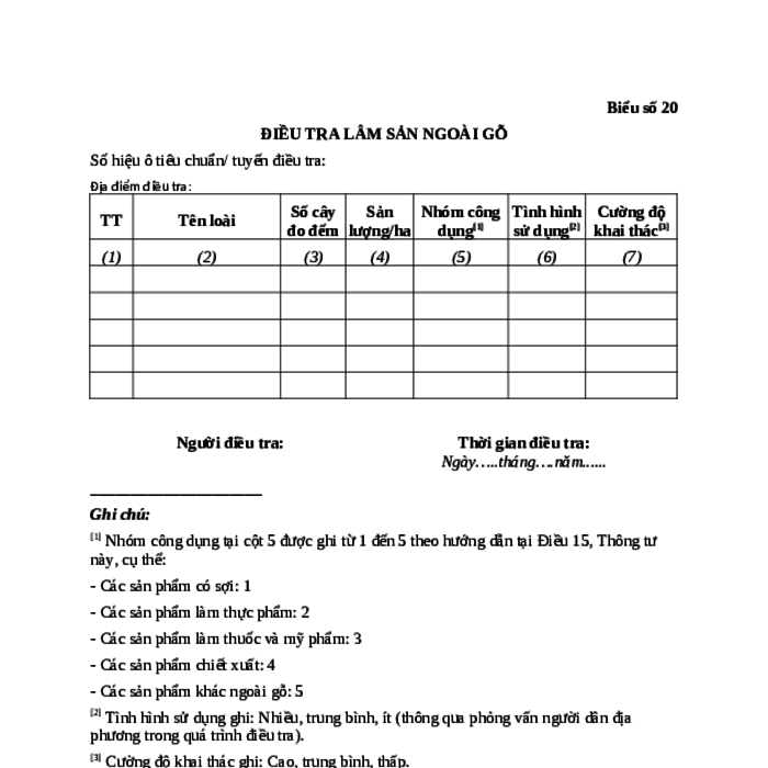 MẪU ĐIỀU TRA LÂM SẢN NGOÀI GỖ