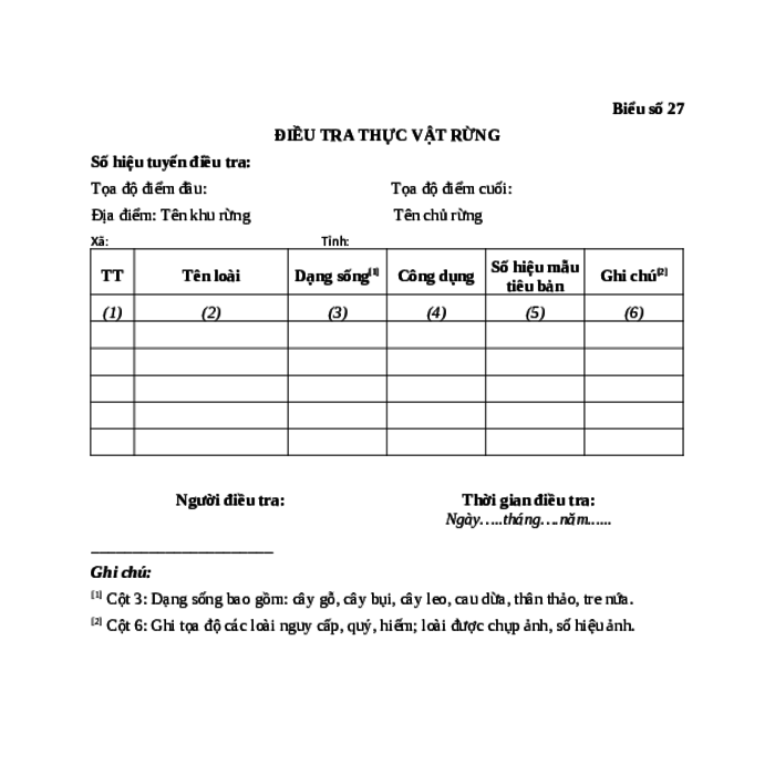 MẪU ĐIỀU TRA THỰC VẬT RỪNG