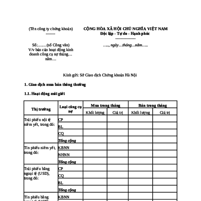 MẪU CÔNG VĂN VỀ VIỆC BÁO CÁO HOẠT ĐỘNG KINH DOANH CÔNG CỤ NỢ (CÔNG TY CHỨNG KHOÁN)