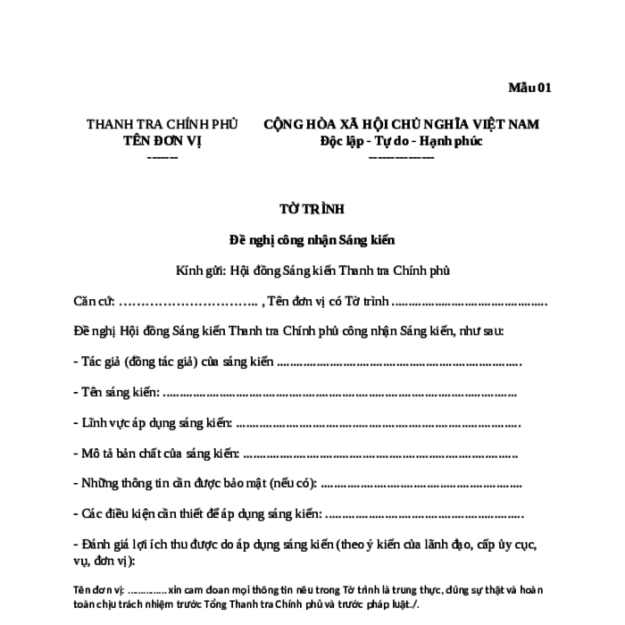 MẪU TỜ TRÌNH ĐỀ NGHỊ CÔNG NHẬN SÁNG KIẾN CỦA THANH TRA CHÍNH PHỦ