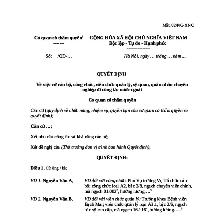 MẪU QUYẾT ĐỊNH VỀ VIỆC CỬ CÁN BỘ, CÔNG CHỨC, VIÊN CHỨC QUẢN LÝ, SỸ QUAN, QUÂN NHÂN CHUYÊN NGHIỆP ĐI CÔNG TÁC NƯỚC NGOÀI