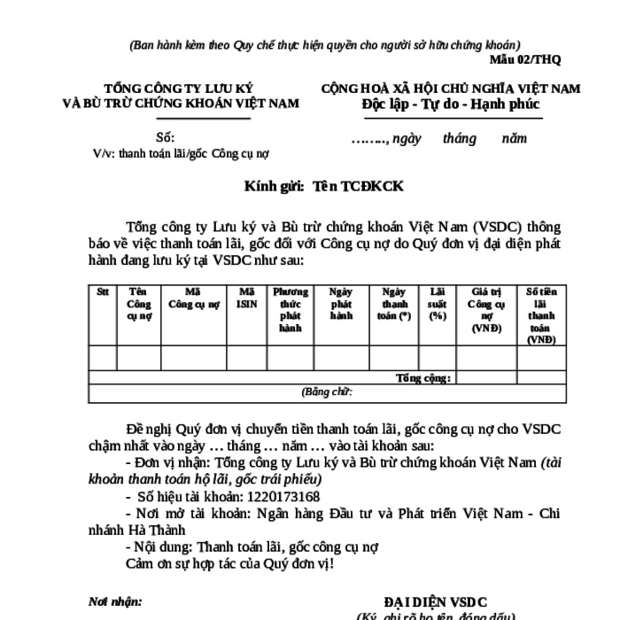 MẪU CÔNG VĂN VỀ VIỆC THANH TOÁN LÃI/GỐC CÔNG CỤ NỢ DO TỔNG CÔNG TY LƯU KÝ VÀ BÙ TRỪ CHỨNG KHOÁN VIỆT NAM BAN HÀNH