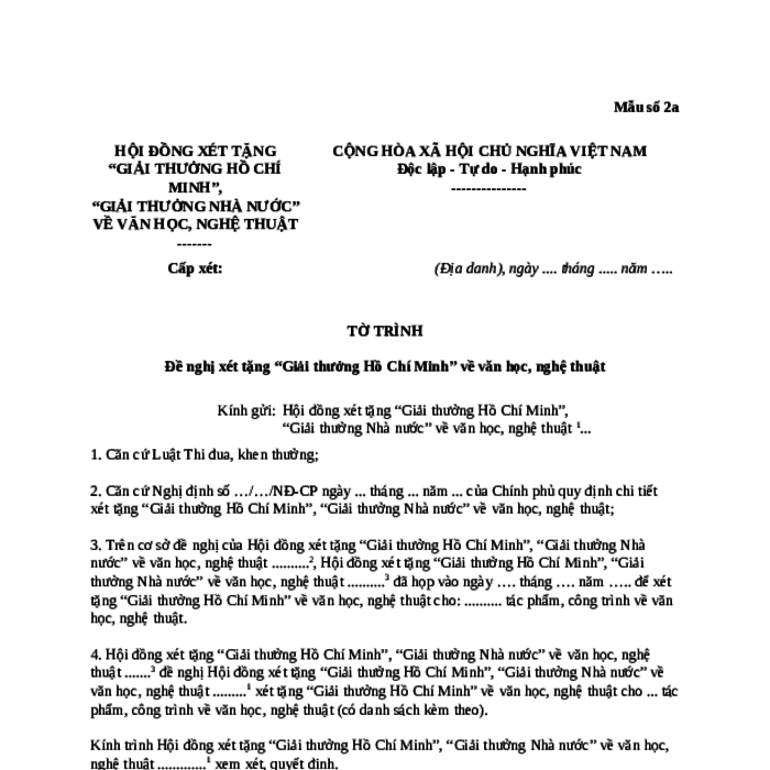 MẪU TỜ TRÌNH ĐỀ NGHỊ XÉT TẶNG “GIẢI THƯỞNG HỒ CHÍ MINH” VỀ VĂN HỌC, NGHỆ THUẬT
