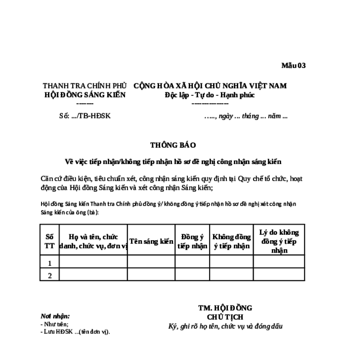 MẪU THÔNG BÁO VỀ VIỆC TIẾP NHẬN/KHÔNG TIẾP NHẬN HỒ SƠ ĐỀ NGHỊ CÔNG NHẬN SÁNG KIẾN CỦA THANH TRA CHÍNH PHỦ