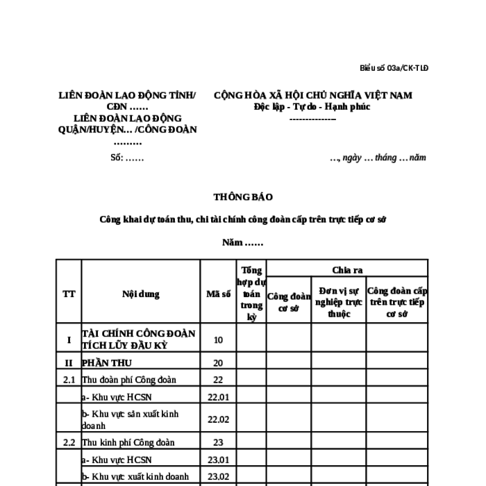 MẪU THÔNG BÁO CÔNG KHAI DỰ TOÁN THU, CHI TÀI CHÍNH CÔNG ĐOÀN CẤP TRÊN TRỰC TIẾP CƠ SỞ