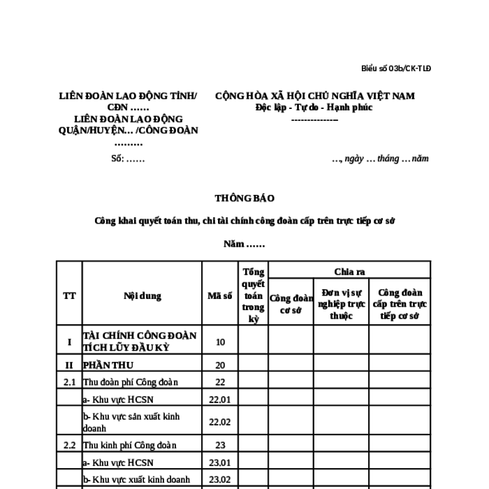 MẪU THÔNG BÁO CÔNG KHAI QUYẾT TOÁN THU, CHI TÀI CHÍNH CÔNG ĐOÀN CẤP TRÊN TRỰC TIẾP CƠ SỞ