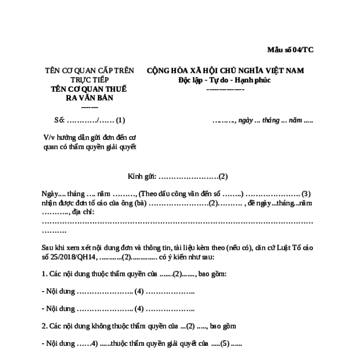 MẪU CÔNG VĂN HƯỚNG DẪN GỬI ĐƠN TỐ CÁO ĐẾN CƠ QUAN CÓ THẨM QUYỀN GIẢI QUYẾT NGÀNH THUẾ