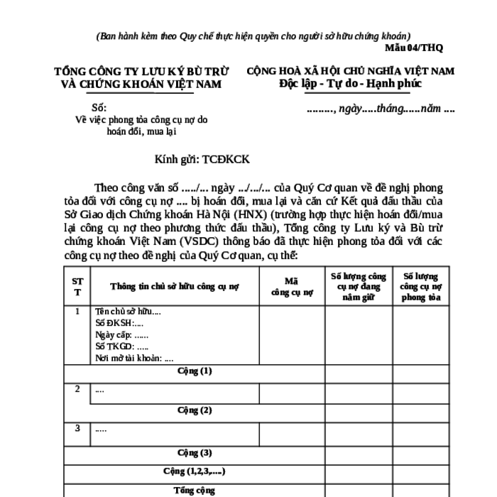 MẪU CÔNG VĂN VỀ VIỆC PHONG TỎA CÔNG CỤ NỢ DO HOÁN ĐỔI, MUA LẠI CỦA TỔNG CÔNG TY LƯU KÝ VÀ BÙ TRỪ CHỨNG KHOÁN VIỆT NAM