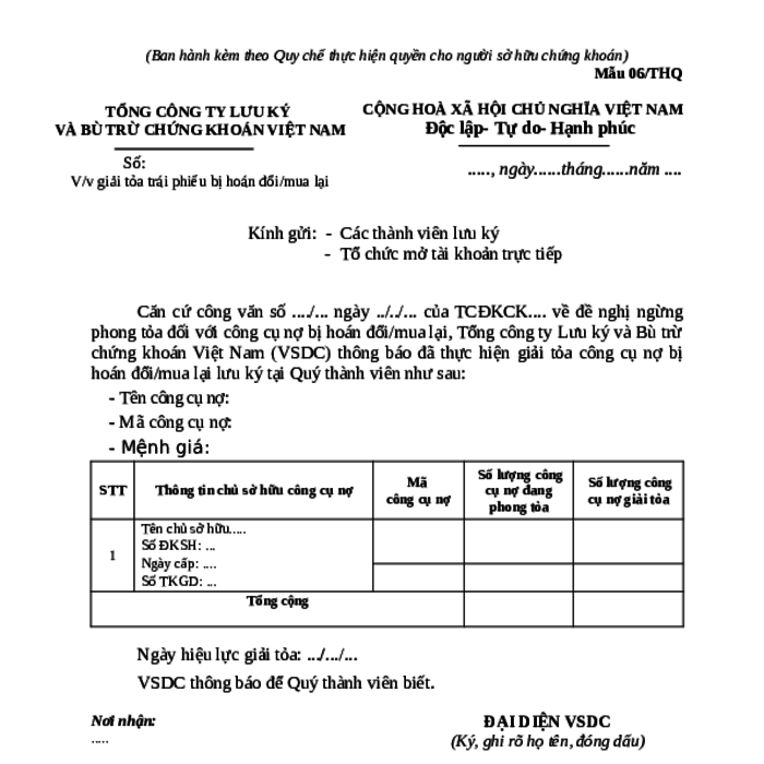 MẪU CÔNG VĂN VỀ VIỆC GIẢI TỎA CÔNG CỤ NỢ BỊ HOÁN ĐỔI, MUA LẠI CỦA TỔNG CÔNG TY LƯU KÝ VÀ BÙ TRỪ CHỨNG KHOÁN VIỆT NAM