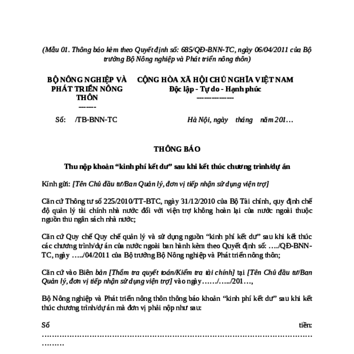 MẪU THÔNG BÁO THU NỘP KHOẢN "KINH PHÍ KẾT DƯ" SAU KHI KẾT THÚC CHƯƠNG TRÌNH/DỰ ÁN CỦA BỘ NÔNG NGHIỆP VÀ PHÁT TRIỂN NÔNG THÔN