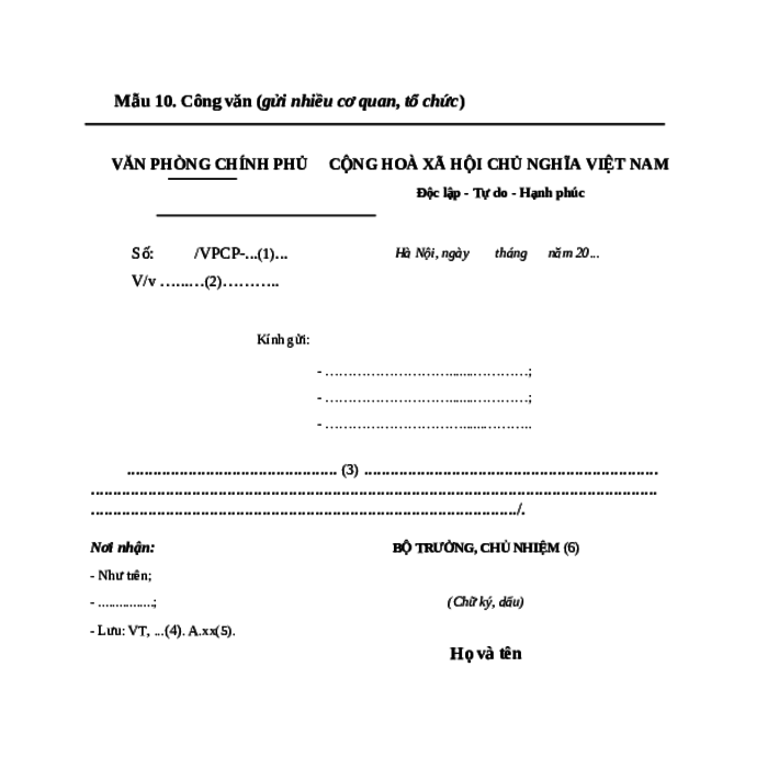 MẪU CÔNG VĂN (GỬI NHIỀU CƠ QUAN, TỔ CHỨC) CỦA VĂN PHÒNG CHÍNH PHỦ