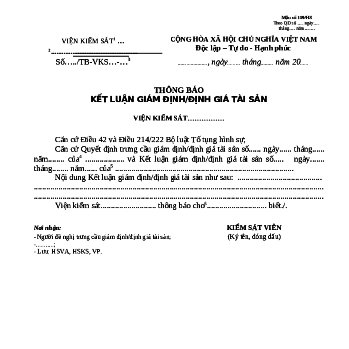 MẪU THÔNG BÁO KẾT LUẬN GIÁM ĐỊNH/ĐỊNH GIÁ TÀI SẢN CỦA VIỆN KIỂM SÁT NHÂN DÂN TỐI CAO