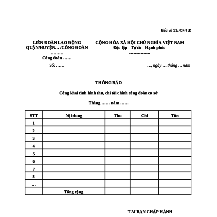 MẪU THÔNG BÁO CÔNG KHAI TÌNH HÌNH THU, CHI TÀI CHÍNH CÔNG ĐOÀN CƠ SỞ