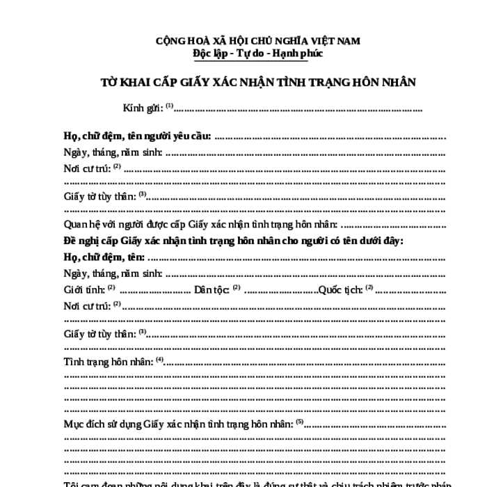 MẪU TỜ KHAI CẤP GIẤY XÁC NHẬN TÌNH TRẠNG HÔN NHÂN