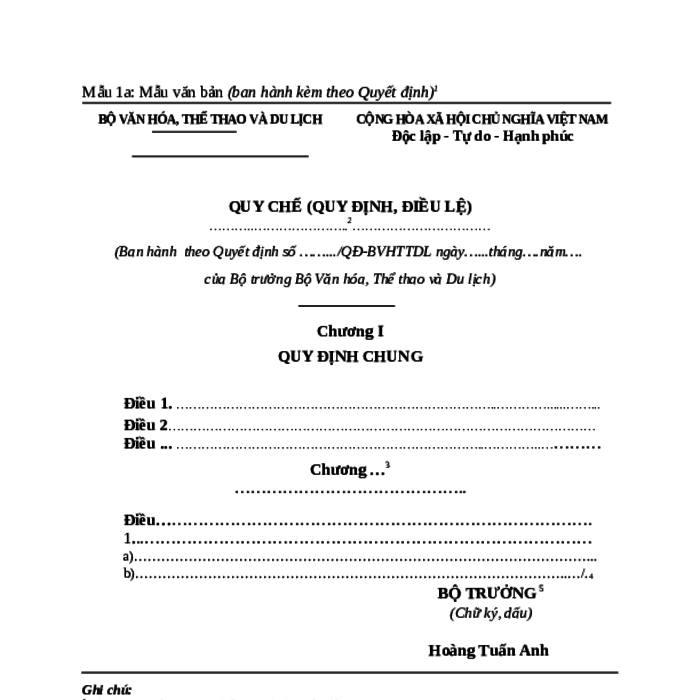 MẪU VĂN BẢN BAN HÀNH KÈM THEO QUYẾT ĐỊNH (QUY CHẾ, QUY ĐỊNH, ĐIỀU LỆ) TẠI BỘ VĂN HÓA, THỂ THAO VÀ DU LỊCH