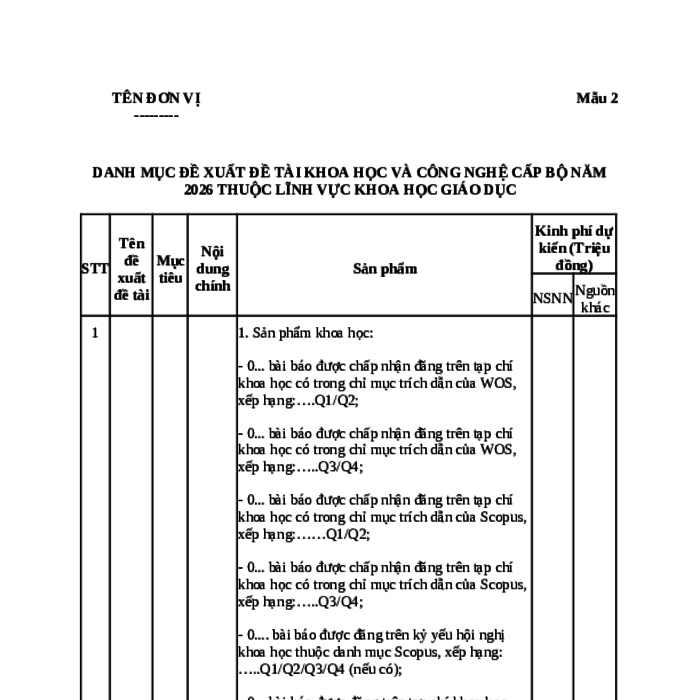 MẪU DANH MỤC ĐỀ XUẤT ĐỀ TÀI KHOA HỌC VÀ CÔNG NGHỆ CẤP BỘ NĂM 2026 THUỘC LĨNH VỰC KHOA HỌC GIÁO DỤC CỦA BỘ GIÁO DỤC VÀ ĐÀO TẠO