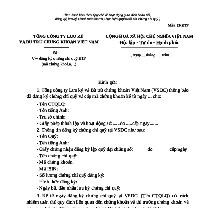 MẪU CÔNG VĂN VỀ VIỆC ĐĂNG KÝ CHỨNG CHỈ QUỸ ETF