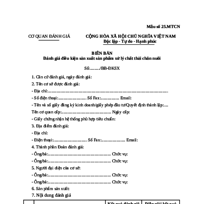 MẪU BIÊN BẢN ĐÁNH GIÁ ĐIỀU KIỆN SẢN XUẤT SẢN PHẨM XỬ LÝ CHẤT THẢI CHĂN NUÔI