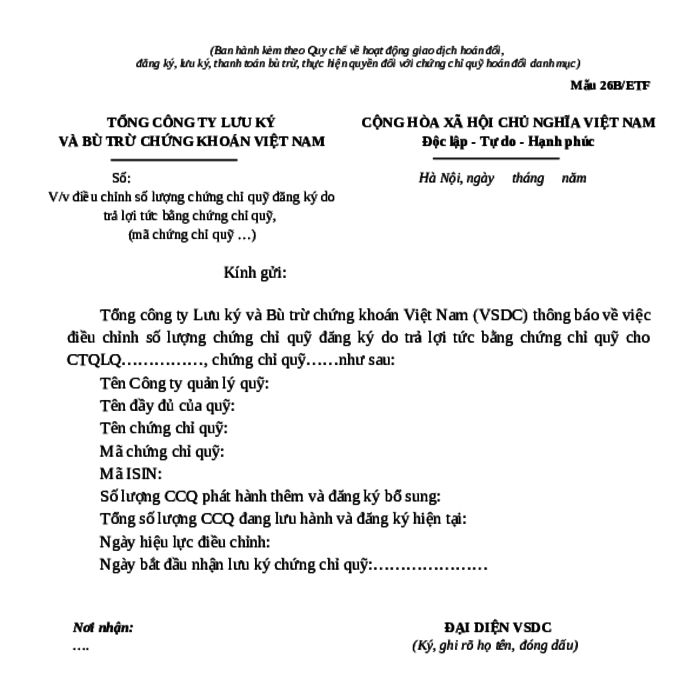 MẪU CÔNG VĂN VỀ VIỆC ĐIỀU CHỈNH SỐ LƯỢNG CHỨNG CHỈ QUỸ ĐĂNG KÝ DO TRẢ LỢI TỨC BẰNG CHỨNG CHỈ QUỸ ETF