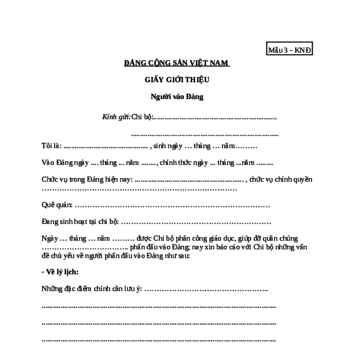 MẪU GIẤY GIỚI THIỆU NGƯỜI VÀO ĐẢNG (ĐỐI VỚI HỌC SINH, SINH VIÊN)