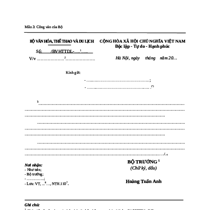 MẪU CÔNG VĂN TẠI BỘ VĂN HÓA, THỂ THAO VÀ DU LỊCH