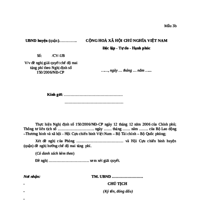 MẪU CÔNG VĂN ĐỀ NGHỊ GIẢI QUYẾT CHẾ ĐỘ MAI TÁNG PHÍ THEO NGHỊ ĐỊNH SỐ 150/2006/NĐ-CP