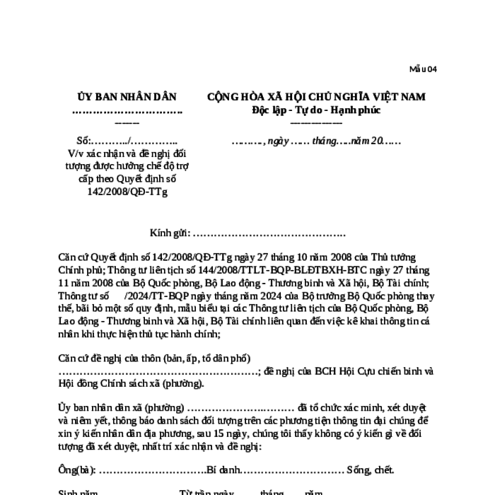 MẪU CÔNG VĂN VỀ VIỆC XÁC NHẬN VÀ ĐỀ NGHỊ ĐỐI TƯỢNG ĐƯỢC HƯỞNG CHẾ ĐỘ TRỢ CẤP THEO QUYẾT ĐỊNH SỐ 142/2008/QĐ-TTG