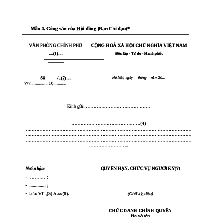 MẪU CÔNG VĂN CỦA HỘI ĐỒNG (BAN CHỈ ĐẠO) DO BỘ TRƯỞNG, CHỦ NHIỆM VĂN PHÒNG CHÍNH PHỦ THÀNH LẬP