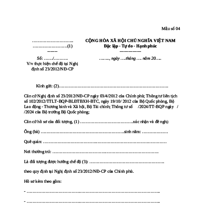 MẪU CÔNG VĂN VỀ VIỆC THỰC HIỆN CHẾ ĐỘ HƯU TRÍ HÀNG THÁNG HOẶC CHẾ ĐỘ MỘT LẦN TẠI NGHỊ ĐỊNH SỐ 23/2012/NĐ-CP (DÙNG CHO CẤP HUYỆN, TỈNH)