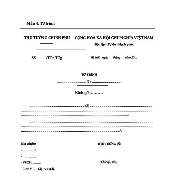 MẪU TỜ TRÌNH CỦA THỦ TƯỚNG CHÍNH PHỦ