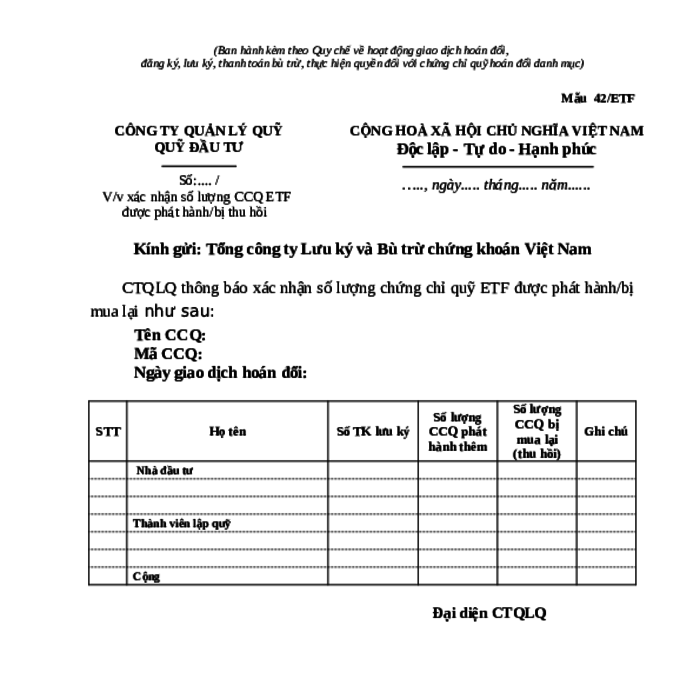 MẪU CÔNG VĂN VỀ VIỆC XÁC NHẬN SỐ LƯỢNG CHỨNG CHỈ QUỸ ETF ĐƯỢC PHÁT HÀNH/BỊ THU HỒI