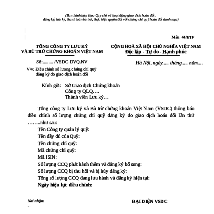 MẪU CÔNG VĂN VỀ VIỆC ĐIỀU CHỈNH SỐ LƯỢNG CHỨNG CHỈ QUỸ ĐĂNG KÝ DO GIAO DỊCH HOÁN ĐỔI