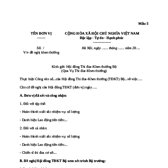 MẪU CÔNG VĂN ĐỀ NGHỊ KHEN THƯỞNG CỦA BỘ KHOA HỌC VÀ CÔNG NGHỆ
