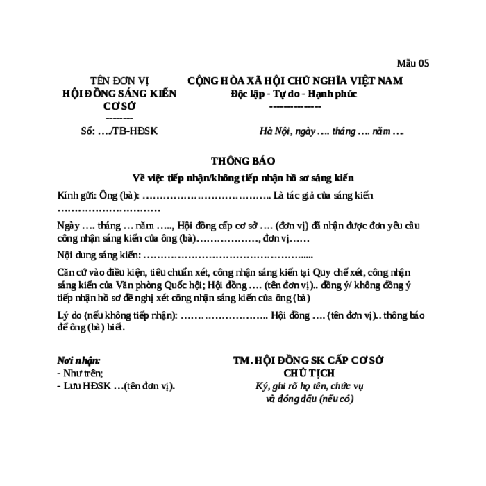 MẪU THÔNG BÁO VỀ VIỆC TIẾP NHẬN/KHÔNG TIẾP NHẬN HỒ SƠ SÁNG KIẾN CỦA CỦA VĂN PHÒNG QUỐC HỘI