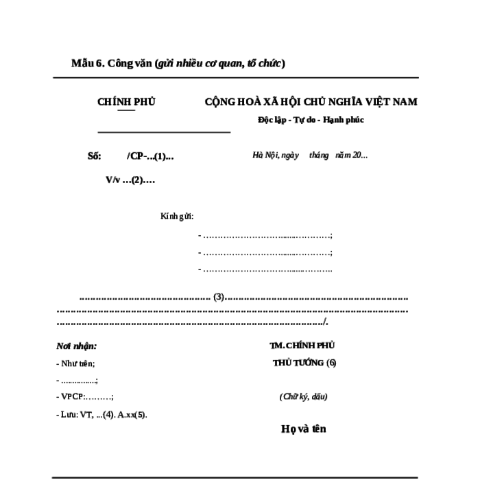 MẪU CÔNG VĂN (GỬI NHIỀU CƠ QUAN, TỔ CHỨC) CỦA CHÍNH PHỦ