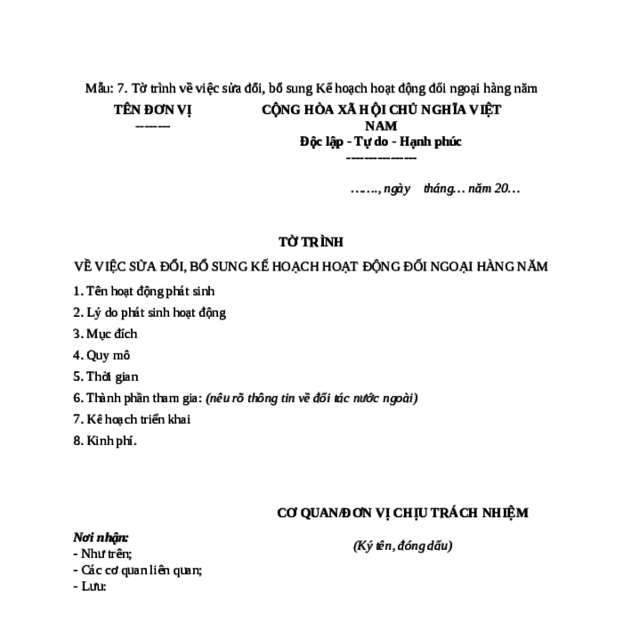 MẪU TỜ TRÌNH VỀ VIỆC SỬA ĐỔI, BỔ SUNG CHƯƠNG TRÌNH HOẠT ĐỘNG ĐỐI NGOẠI DO BỘ LAO ĐỘNG - THƯƠNG BINH VÀ XÃ HỘI BAN HÀNH