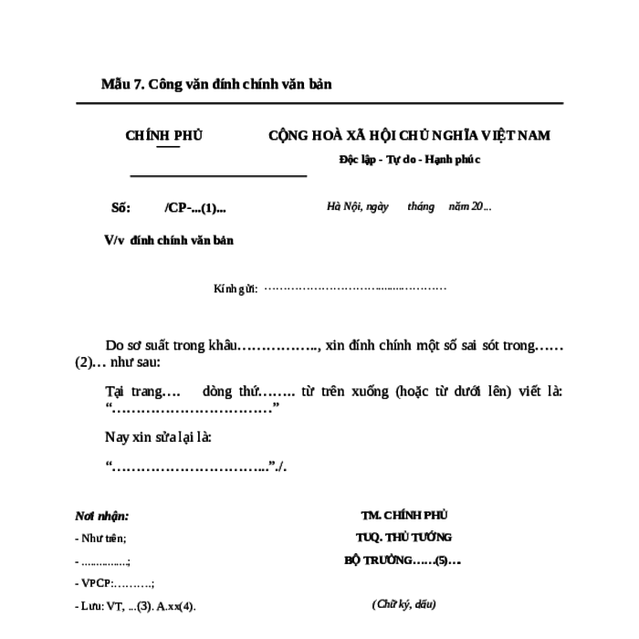 MẪU CÔNG VĂN ĐÍNH CHÍNH VĂN BẢN CỦA CHÍNH PHỦ