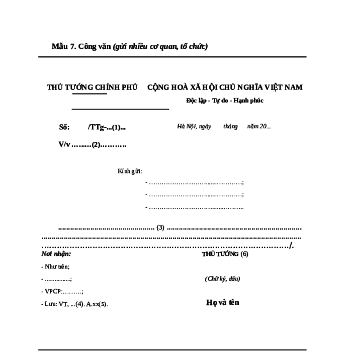 MẪU CÔNG VĂN (GỬI NHIỀU CƠ QUAN, TỔ CHỨC) CỦA THỦ TƯỚNG CHÍNH PHỦ