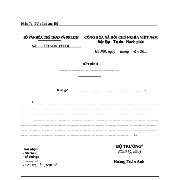 MẪU TỜ TRÌNH TẠI BỘ VĂN HÓA, THỂ THAO VÀ DU LỊCH